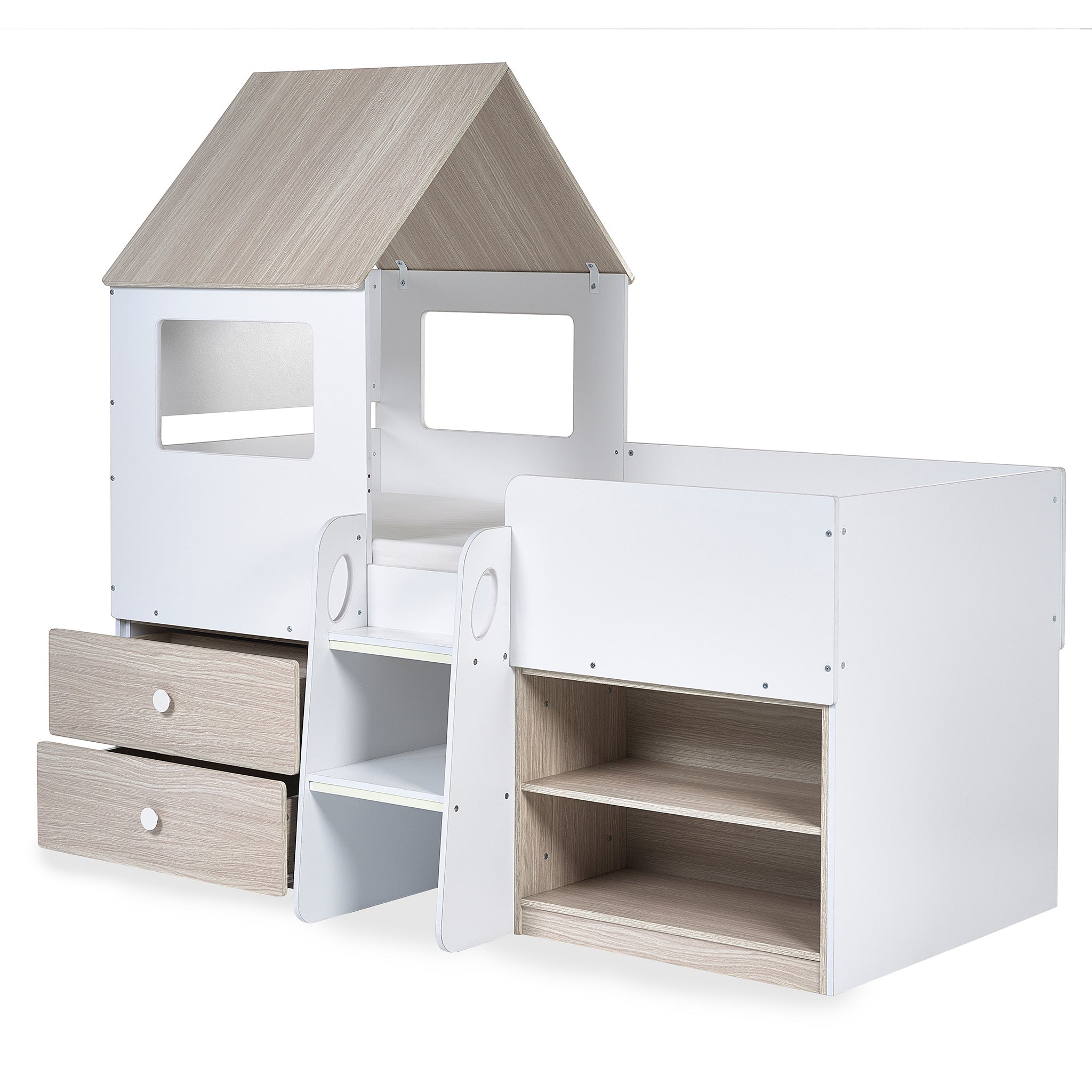 House Style Midsleeper Bed with Storage in Wood and White